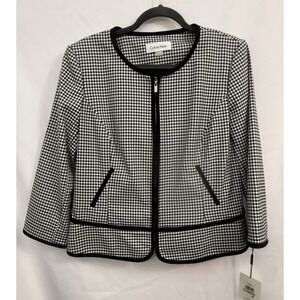 NWT Calvin Klein Black White Gingham Zip Front Blazer Jacket Womens Size 12